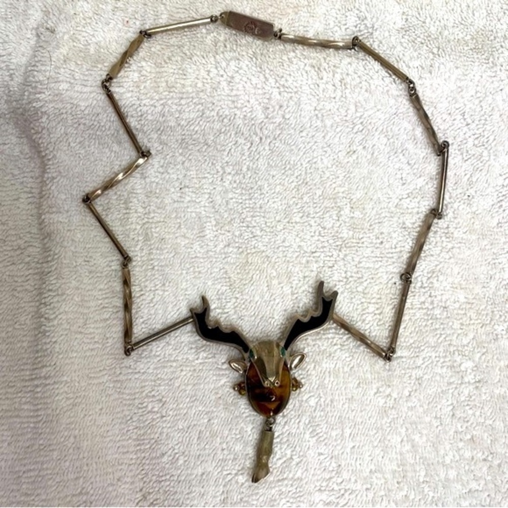 Southwest Axcomex 925 Silver Western Deer Antler Tiger Eye Pendant Necklace Boho